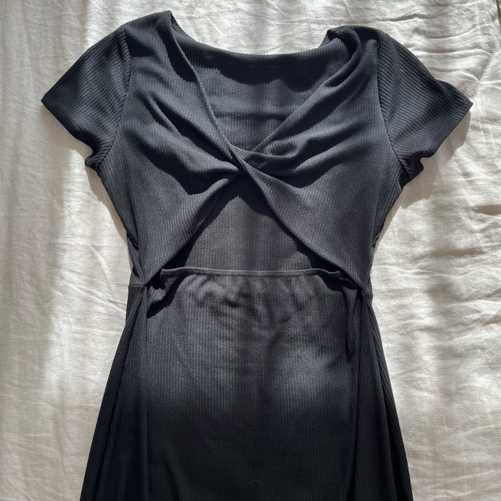 Twist front black ribbed midi dress with cutout
